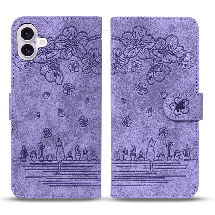 Cartoon Sakura Cat Embossed Leather Phone Case, For iPhone 17e / 16e, For iPhone 17 Pro Max, For iPhone 17 Pro, For iPhone 17
