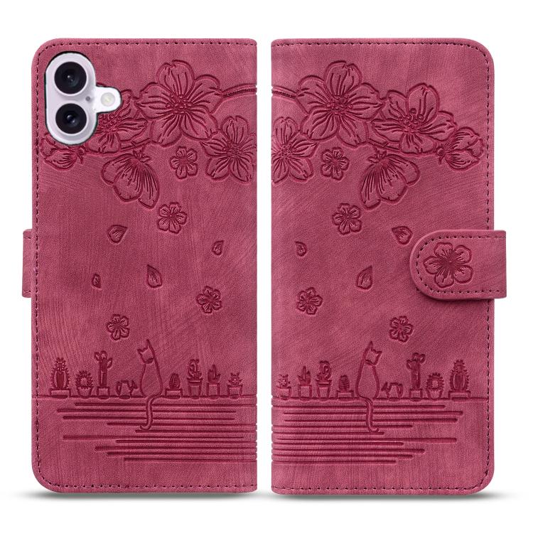 Cartoon Sakura Cat Embossed Leather Phone Case, For iPhone 17e / 16e, For iPhone 17 Pro Max, For iPhone 17 Pro, For iPhone 17