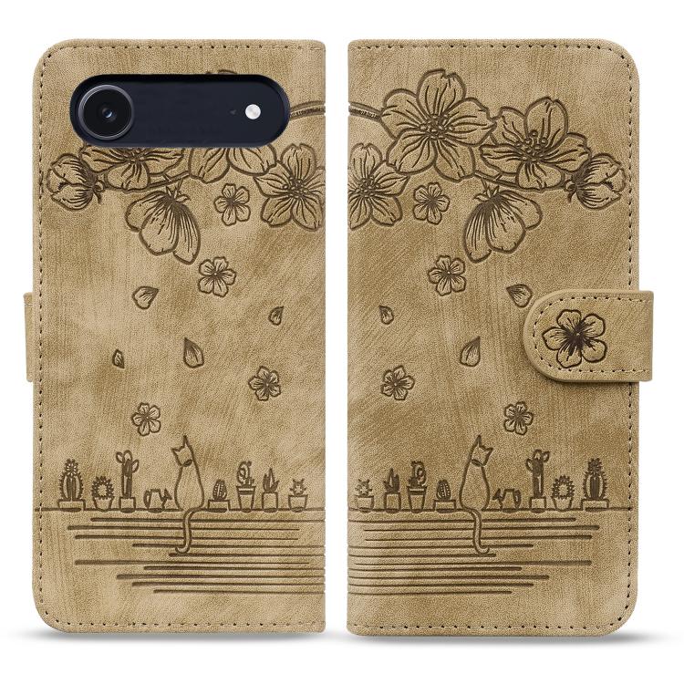 Cartoon Sakura Cat Embossed Leather Phone Case, For iPhone Air, For iPhone 16 Pro Max, For iPhone 16 Pro, For iPhone 16 Plus