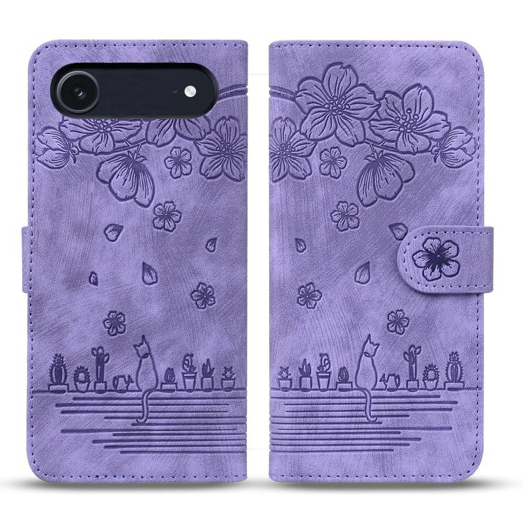 Cartoon Sakura Cat Embossed Leather Phone Case, For iPhone Air, For iPhone 16 Pro Max, For iPhone 16 Pro, For iPhone 16 Plus