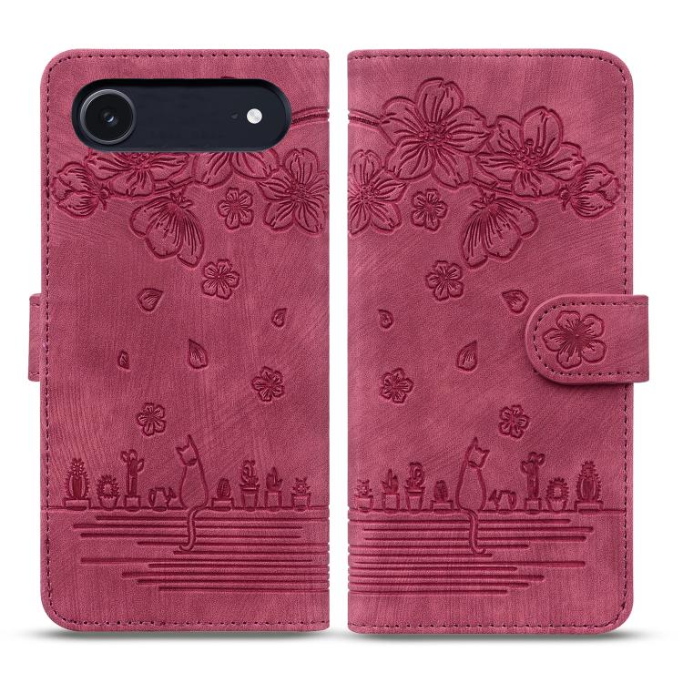 Cartoon Sakura Cat Embossed Leather Phone Case, For iPhone Air, For iPhone 16 Pro Max, For iPhone 16 Pro, For iPhone 16 Plus