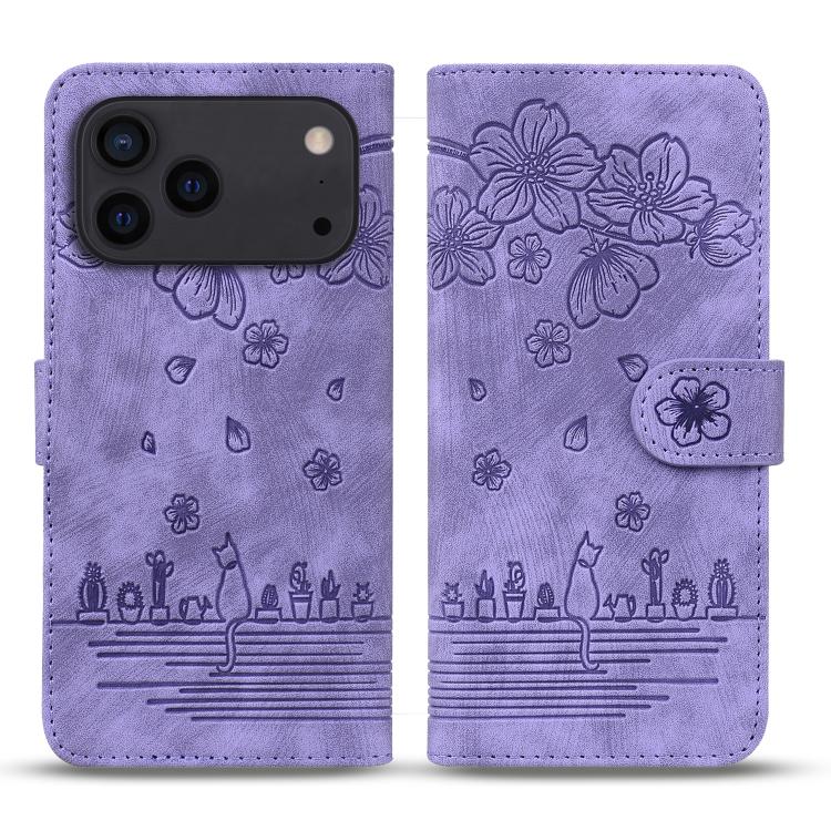 Cartoon Sakura Cat Embossed Leather Phone Case, For iPhone 17e / 16e, For iPhone 17 Pro Max, For iPhone 17 Pro, For iPhone 17