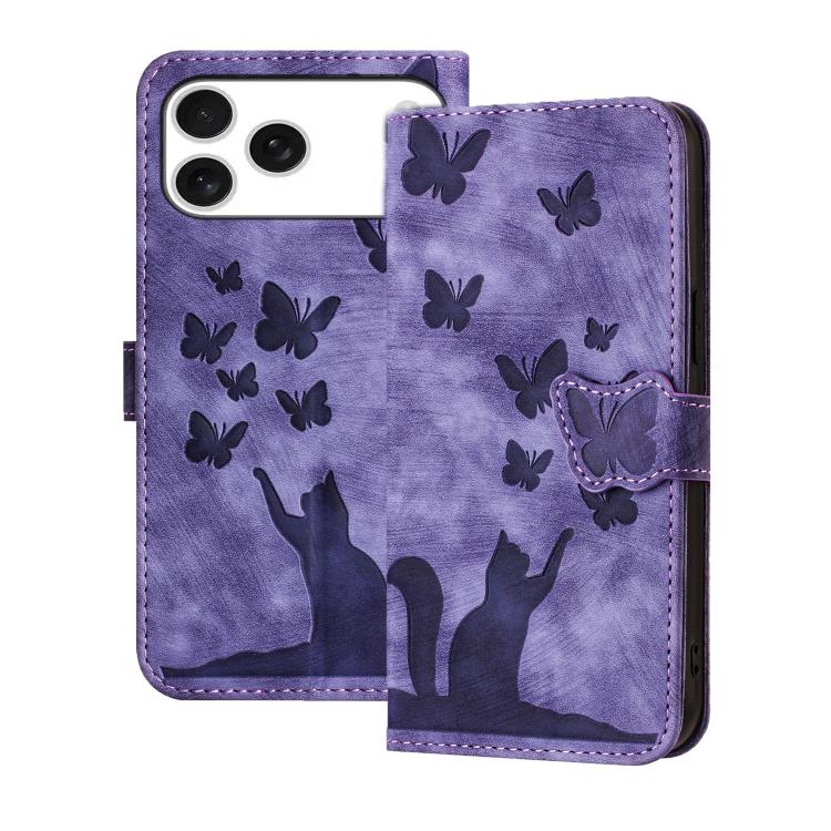 Butterfly Cat Embossing Flip Leather Phone Case, For iPhone 17 Pro Max, For iPhone 17 Pro, For iPhone 17, For iPhone Air