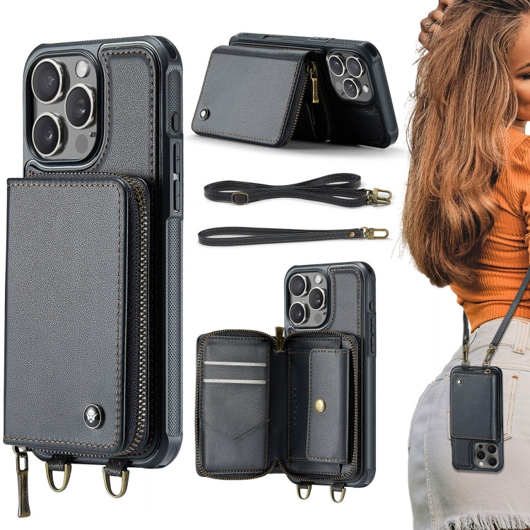 JEEHOOD C22 Series Zipper Wallet Leather Phone Case with Dual Lanyard