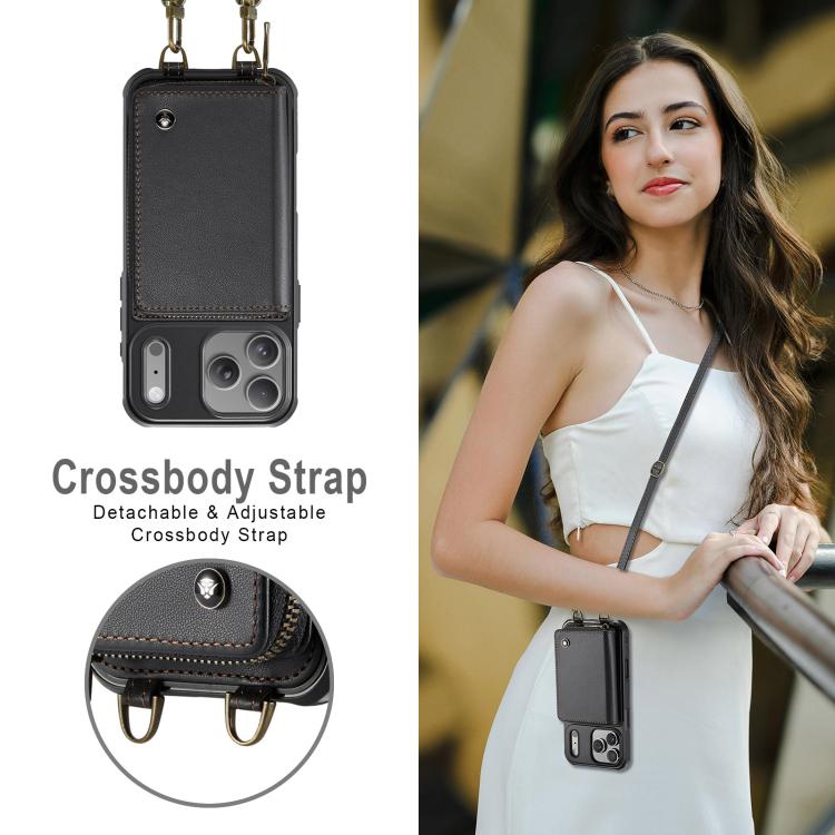 JEEHOOD C22 Series Zipper Wallet Leather Phone Case with Dual Lanyard, For iPhone 17 Pro Max, For iPhone 17 Pro, For iPhone Air, For iPhone 16 Pro Max