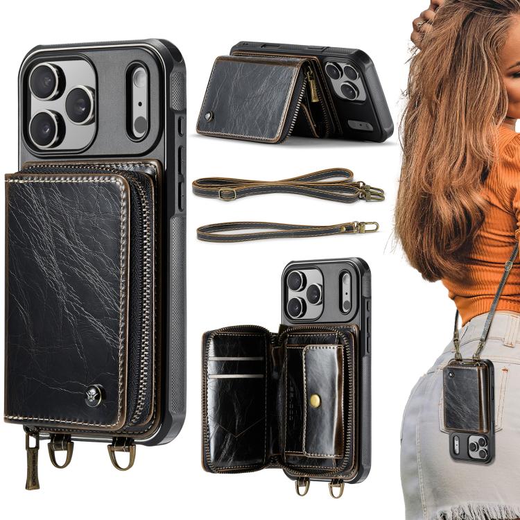 JEEHOOD C22 Series Zipper Wallet Leather Phone Case with Dual Lanyard, For iPhone 17 Pro Max, For iPhone 17 Pro, For iPhone Air, For iPhone 16 Pro Max