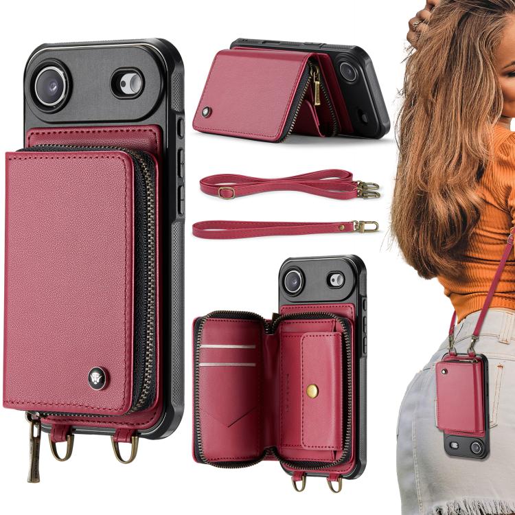 JEEHOOD C22 Series Zipper Wallet Leather Phone Case with Dual Lanyard, For iPhone 17 Pro Max, For iPhone 17 Pro, For iPhone Air, For iPhone 16 Pro Max