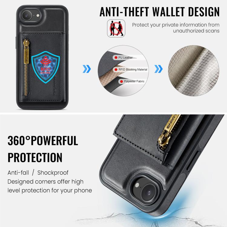 DG.MING M5 Series Zip RFID Multi Card Detachable Leather Phone Case, For iPhone 17e / 16e, For iPhone 17 Pro Max, For iPhone 17 Pro, For iPhone 17
