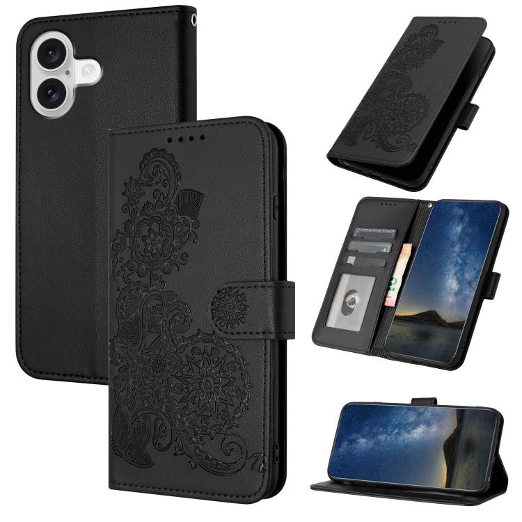 Datura Flower Embossed Flip Leather Phone Case, For iPhone 17 Air, iPhone 16e, For iPhone 16 Pro Max