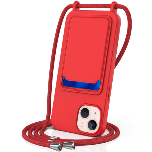 Integrated Card Bag Solid Color Liquid Silicone Phone Case with Lanyard, For iPhone 15, For iPhone 14 Plus, For iPhone 14, For iPhone 14 Pro, For iPhone 14 Pro Max, For iPhone 13 Pro Max