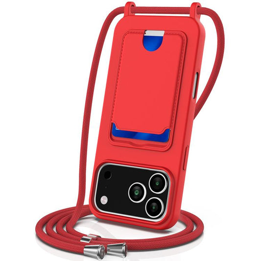 Integrated Card Bag Solid Color Liquid Silicone Phone Case with Lanyard, For iPhone 17e / 16e, For iPhone 17 Pro Max, For iPhone 17 Pro, For iPhone 17, For iPhone Air, For iPhone 16 Pro Max