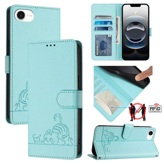 Cat Rat Embossed Pattern RFID Leather Phone Case with Lanyard, For iPhone SE 2024, For iPhone 15 Pro Max, For iPhone 15 Pro, For iPhone 15 Plus