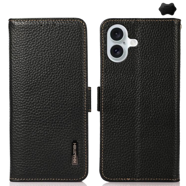 KHAZNEH Side-Magnetic Litchi Genuine Leather RFID Case, For iPhone 17 Pro Max, For iPhone 17 Pro, For iPhone 17, For iPhone Air, For iPhone 16e, For iPhone 16 Pro Max