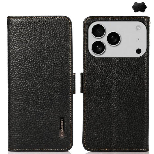 KHAZNEH Side-Magnetic Litchi Genuine Leather RFID Case, For iPhone 17 Pro Max, For iPhone 17 Pro, For iPhone 17, For iPhone Air, For iPhone 16e, For iPhone 16 Pro Max