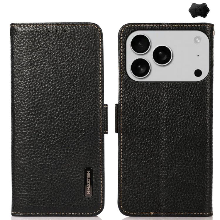 KHAZNEH Side-Magnetic Litchi Genuine Leather RFID Case, For iPhone 17 Pro Max, For iPhone 17 Pro, For iPhone 17, For iPhone Air, For iPhone 16e, For iPhone 16 Pro Max