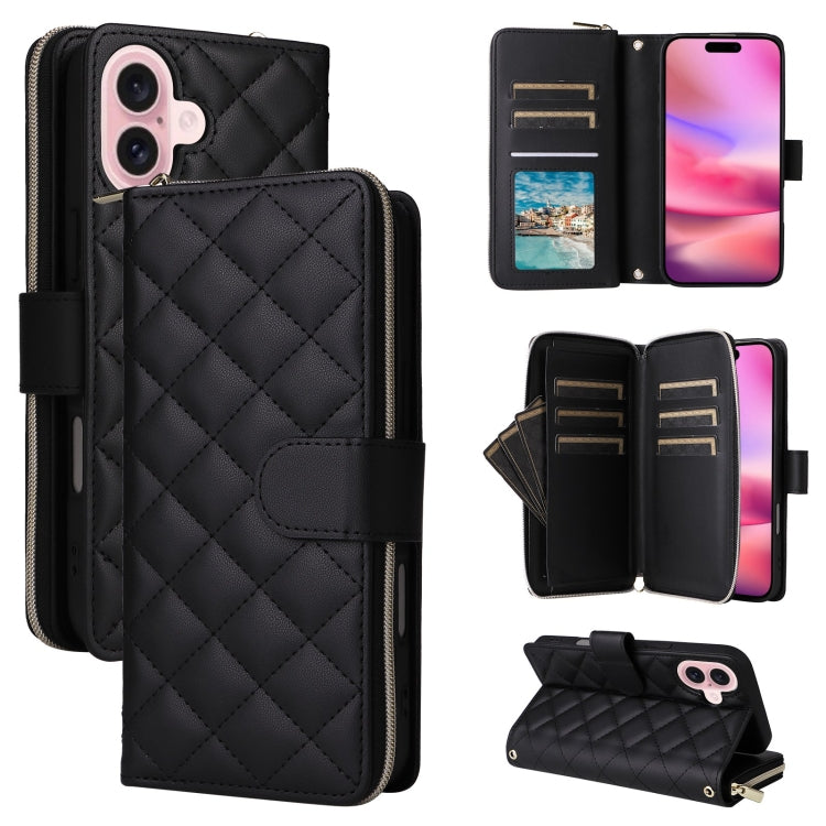 Crossbody Rhombic Zipper Tower Buckle Leather Phone Case with Lanyard, For iPhone 16, For iPhone 15 Pro Max, For iPhone 15 Pro, For iPhone 15 Plus / 14 Plus