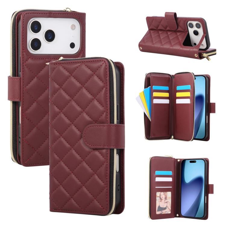 Crossbody Rhombic Zipper Tower Buckle Leather Phone Case with Lanyard, For iPhone 17e / 16e, For iPhone 17 Pro Max, For iPhone 17 Pro, For iPhone 17