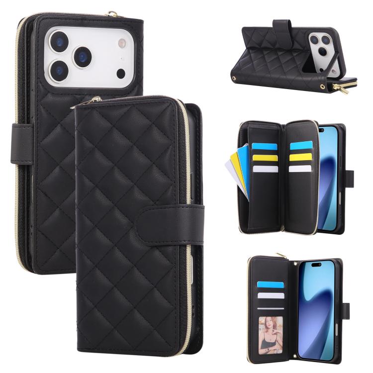 Crossbody Rhombic Zipper Tower Buckle Leather Phone Case with Lanyard, For iPhone 17e / 16e, For iPhone 17 Pro Max, For iPhone 17 Pro, For iPhone 17