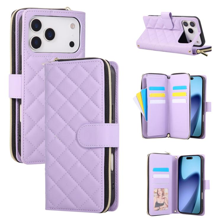 Crossbody Rhombic Zipper Tower Buckle Leather Phone Case with Lanyard, For iPhone 17e / 16e, For iPhone 17 Pro Max, For iPhone 17 Pro, For iPhone 17
