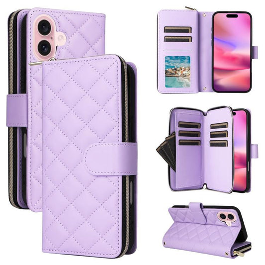 Crossbody Rhombic Zipper Tower Buckle Leather Phone Case with Lanyard, For iPhone 17e / 16e, For iPhone 17 Pro Max, For iPhone 17 Pro, For iPhone 17