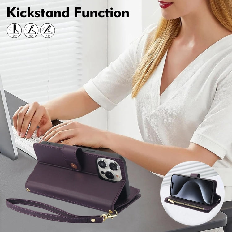 YM016 Rhombic Zipper Card Wallet Leather Phone Case with Lanyard, For iPhone 15 Pro Max, For iPhone 15 Pro, For iPhone 15 Plus