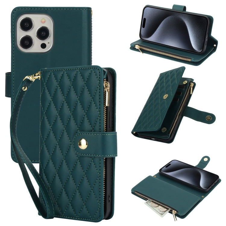 YM016 Rhombic Zipper Card Wallet Leather Phone Case with Lanyard, For iPhone 15 Pro Max, For iPhone 15 Pro, For iPhone 15 Plus