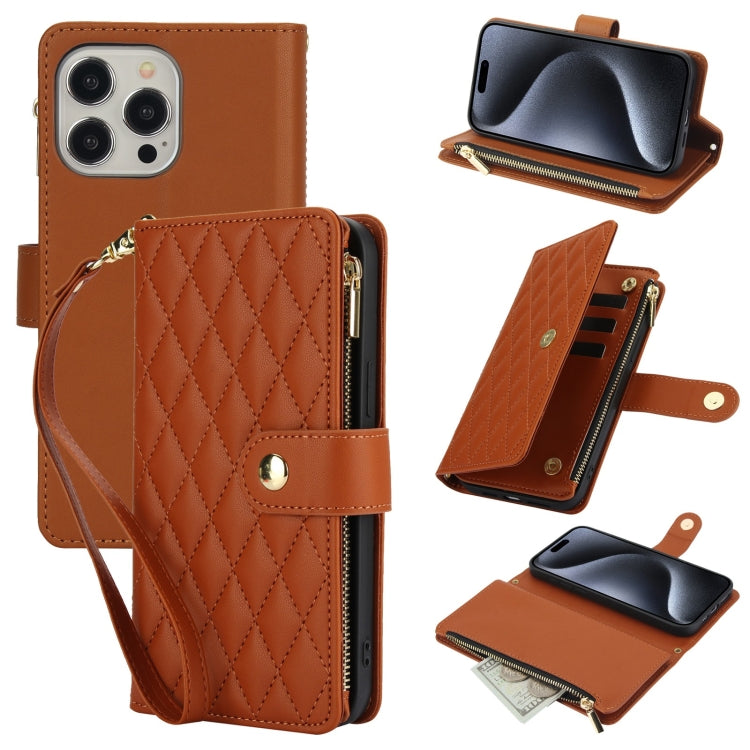 YM016 Rhombic Zipper Card Wallet Leather Phone Case with Lanyard, For iPhone 15 Pro Max, For iPhone 15 Pro, For iPhone 15 Plus