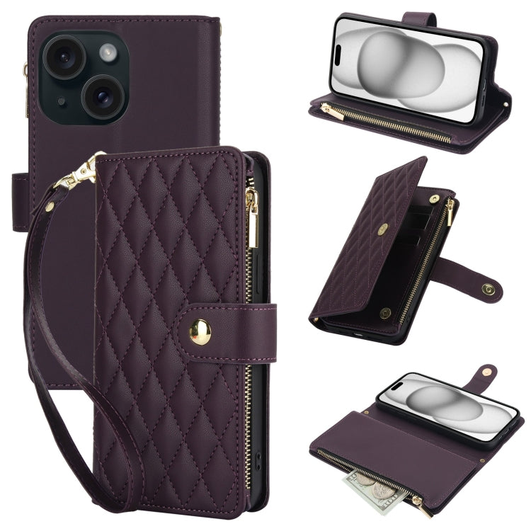 YM016 Rhombic Zipper Card Wallet Leather Phone Case with Lanyard, For iPhone 15 Pro Max, For iPhone 15 Pro, For iPhone 15 Plus