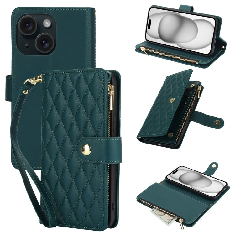 YM016 Rhombic Zipper Card Wallet Leather Phone Case with Lanyard, For iPhone 15 Pro Max, For iPhone 15 Pro, For iPhone 15 Plus