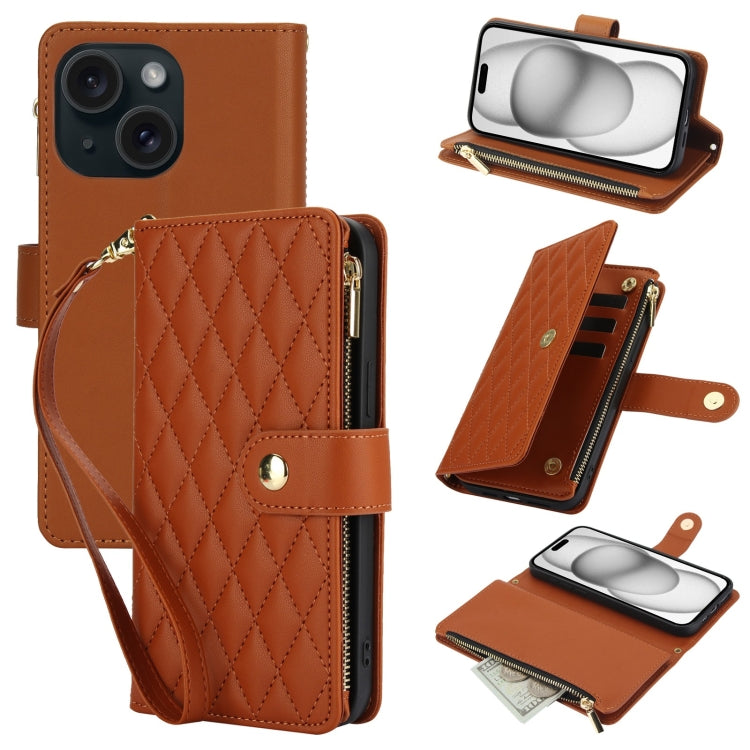YM016 Rhombic Zipper Card Wallet Leather Phone Case with Lanyard, For iPhone 15 Pro Max, For iPhone 15 Pro, For iPhone 15 Plus