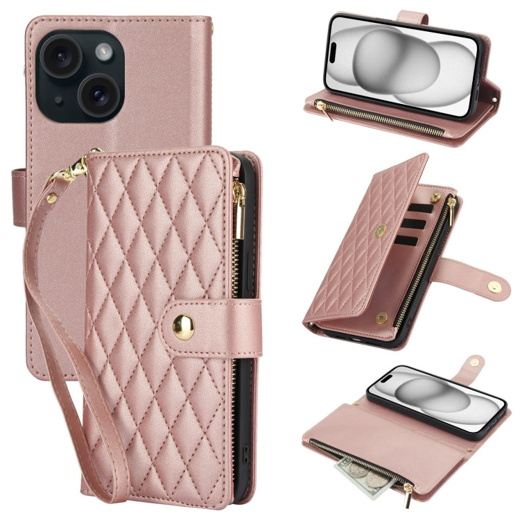 YM016 Rhombic Zipper Card Wallet Leather Phone Case with Lanyard, For iPhone 15 Pro Max, For iPhone 15 Pro, For iPhone 15 Plus