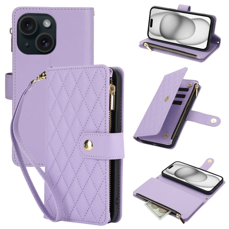 YM016 Rhombic Zipper Card Wallet Leather Phone Case with Lanyard, For iPhone 15, For iPhone 14 Plus, For iPhone 14