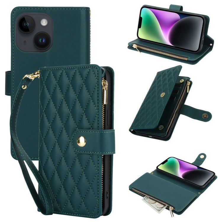 YM016 Rhombic Zipper Card Wallet Leather Phone Case with Lanyard, For iPhone 15, For iPhone 14 Plus, For iPhone 14