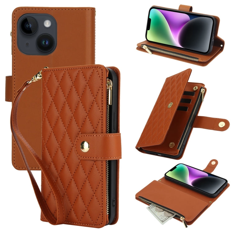 YM016 Rhombic Zipper Card Wallet Leather Phone Case with Lanyard, For iPhone 15, For iPhone 14 Plus, For iPhone 14
