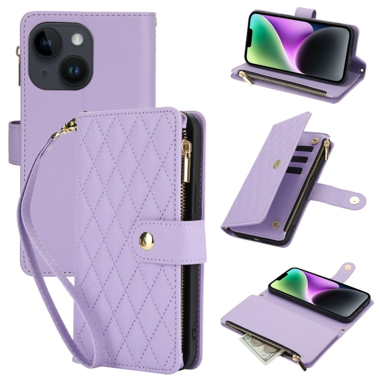 YM016 Rhombic Zipper Card Wallet Leather Phone Case with Lanyard, For iPhone 15, For iPhone 14 Plus, For iPhone 14
