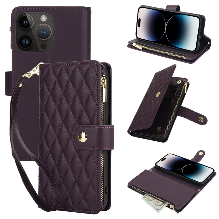 YM016 Rhombic Zipper Card Wallet Leather Phone Case with Lanyard, For iPhone 14 Pro, For iPhone 14 Pro Max, For iPhone SE 2022 / SE 2020 / 8