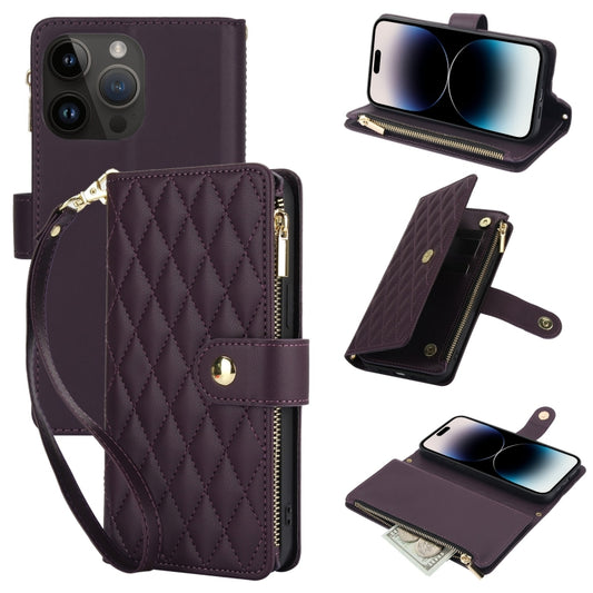 YM016 Rhombic Zipper Card Wallet Leather Phone Case with Lanyard, For iPhone 14 Pro, For iPhone 14 Pro Max, For iPhone SE 2022 / SE 2020 / 8