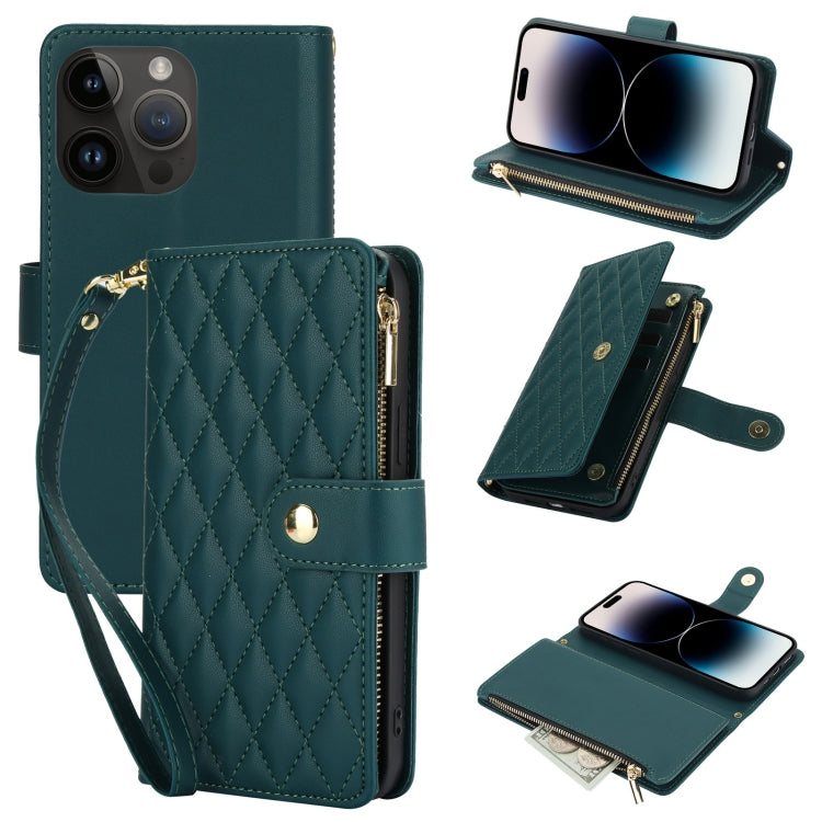 YM016 Rhombic Zipper Card Wallet Leather Phone Case with Lanyard, For iPhone 14 Pro, For iPhone 14 Pro Max, For iPhone SE 2022 / SE 2020 / 8