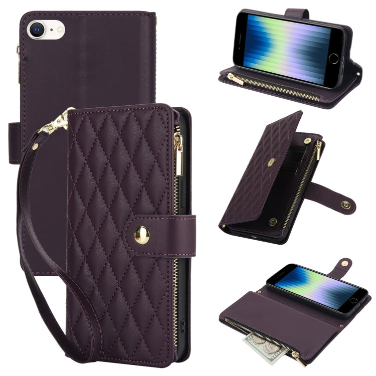 YM016 Rhombic Zipper Card Wallet Leather Phone Case with Lanyard, For iPhone 14 Pro, For iPhone 14 Pro Max, For iPhone SE 2022 / SE 2020 / 8