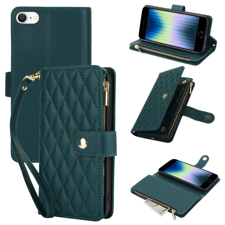 YM016 Rhombic Zipper Card Wallet Leather Phone Case with Lanyard, For iPhone 14 Pro, For iPhone 14 Pro Max, For iPhone SE 2022 / SE 2020 / 8