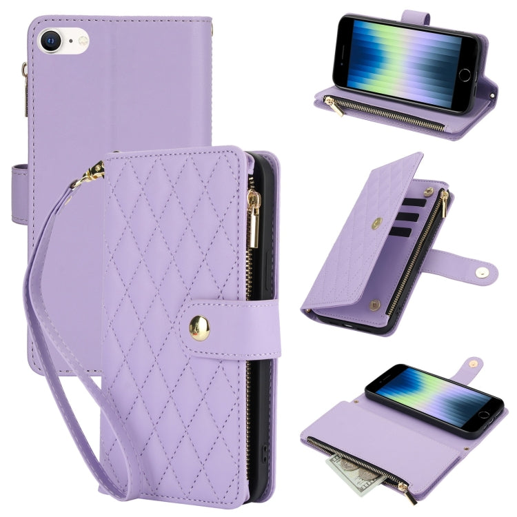 YM016 Rhombic Zipper Card Wallet Leather Phone Case with Lanyard, For iPhone 14 Pro, For iPhone 14 Pro Max, For iPhone SE 2022 / SE 2020 / 8