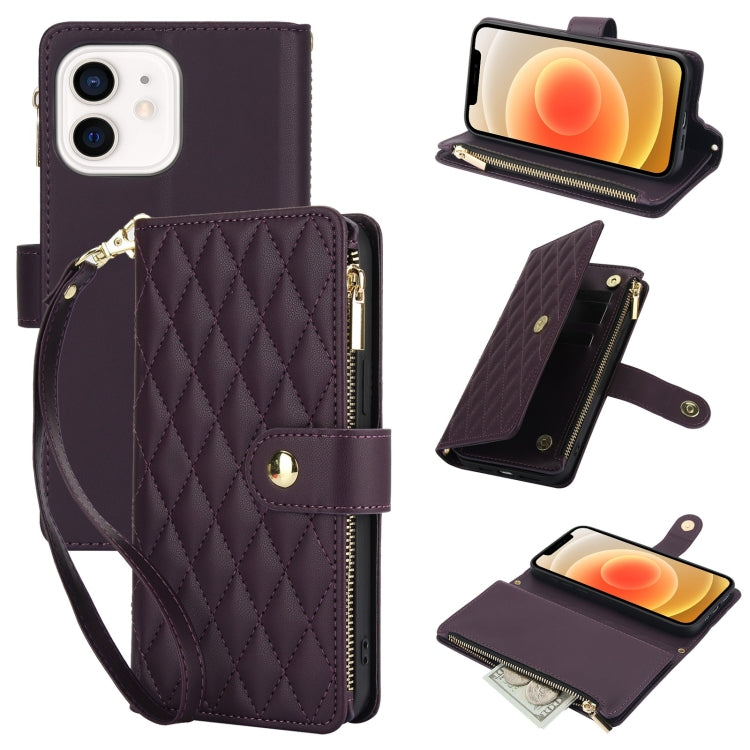 YM016 Rhombic Zipper Card Wallet Leather Phone Case with Lanyard, For iPhone 13 mini, For iPhone 12 / 12 Pro, For iPhone 12 Pro Max