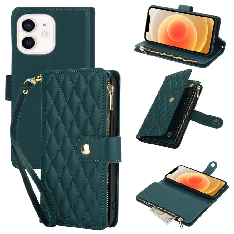 YM016 Rhombic Zipper Card Wallet Leather Phone Case with Lanyard, For iPhone 13 mini, For iPhone 12 / 12 Pro, For iPhone 12 Pro Max