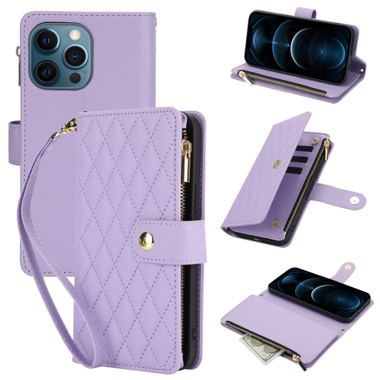 YM016 Rhombic Zipper Card Wallet Leather Phone Case with Lanyard, For iPhone 13 mini, For iPhone 12 / 12 Pro, For iPhone 12 Pro Max