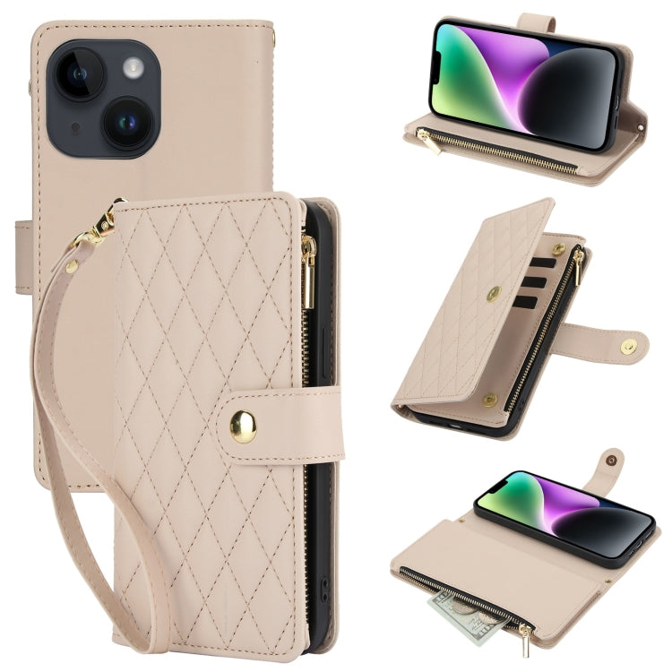 YM016 Rhombic Zipper Card Wallet Leather Phone Case with Lanyard, For iPhone 15, For iPhone 14 Plus, For iPhone 14