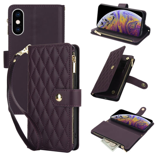 YM016 Rhombic Zipper Card Wallet Leather Phone Case with Lanyard, For iPhone XS Max, For iPhone 8 Plus / 7 Plus