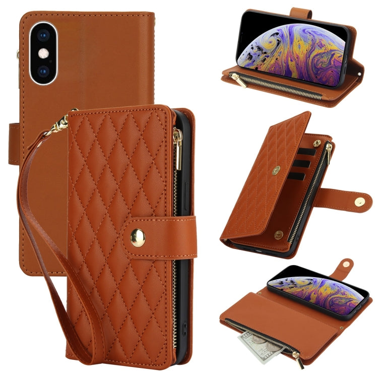 YM016 Rhombic Zipper Card Wallet Leather Phone Case with Lanyard, For iPhone XS Max, For iPhone 8 Plus / 7 Plus