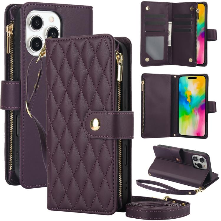 YM016 Rhombic Zipper Card Wallet Leather Phone Case with Lanyard, For iPhone 16 Plus, For iPhone 16, For iPhone 15 Pro Max