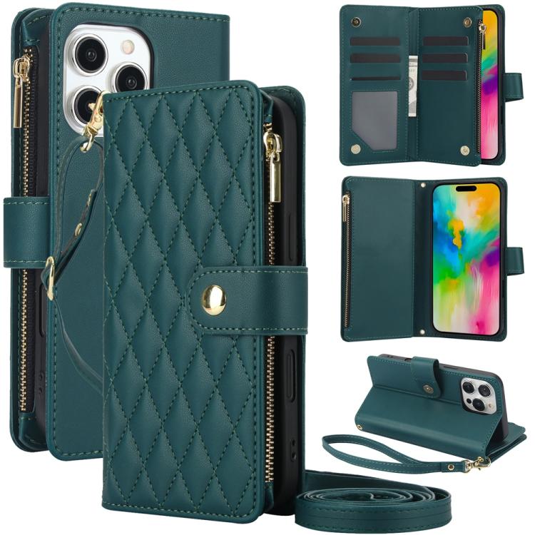 YM016 Rhombic Zipper Card Wallet Leather Phone Case with Lanyard, For iPhone 16 Plus, For iPhone 16, For iPhone 15 Pro Max