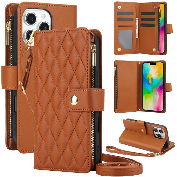 YM016 Rhombic Zipper Card Wallet Leather Phone Case with Lanyard, For iPhone 16 Plus, For iPhone 16, For iPhone 15 Pro Max